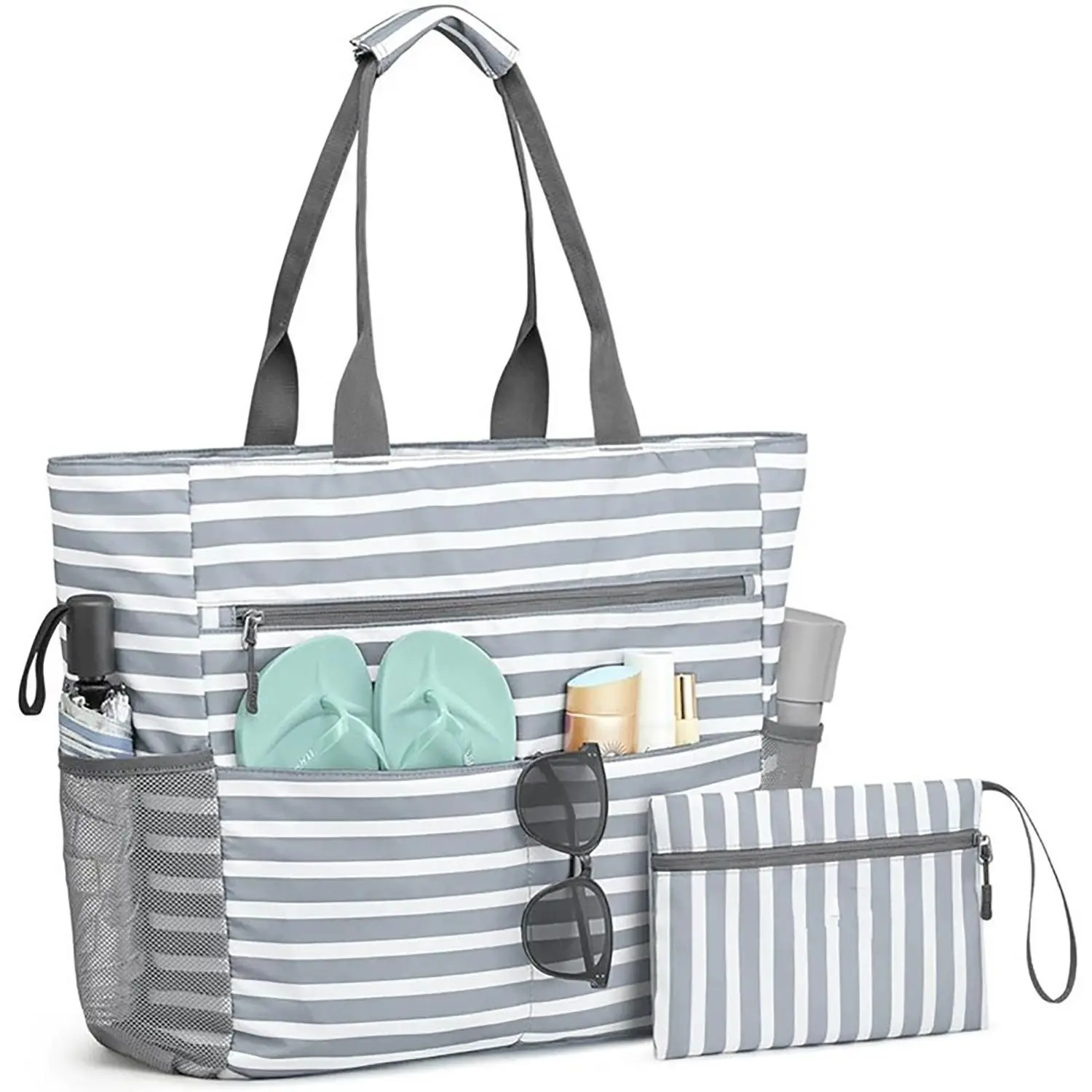 Striped Pattern Beach Bag, Large Capacity Foldable Portable Storage Bag, Waterproof & Sand-proof Beach Bag, Picnic Bag for Outdoor Camping Hiking, Picnic Essentials, Outdoor Camping Supplies