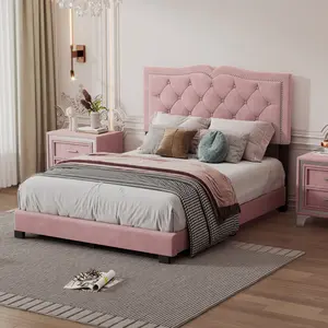 Modern Velvet Full-Size Upholstered Platform Bed Frame - 500lb Weight Capacity, MDF-Plywood Construction, Tufted Headboard, Rivet Accents, Pink