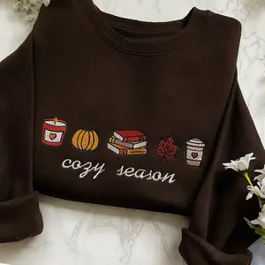 Embroidered Cozy Season Sweatshirt, Cute Autumn Sweatshirt, Pumpkin Embroidered Sweatshirt, Spooky Season Embroidered  Sweatshirt