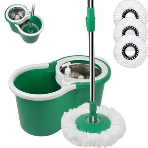 360° Spin Mop and Bucket Set with Wringer 3 Microfiber Heads 56" Stainless Steel Handle Floor Cleaning System Home Office Green