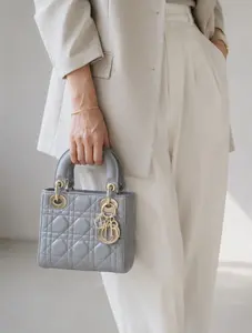 Pre-owned Dior leather Top Handle Bags Lady Gray Metallic Lambskin Cannage Handbag Mini