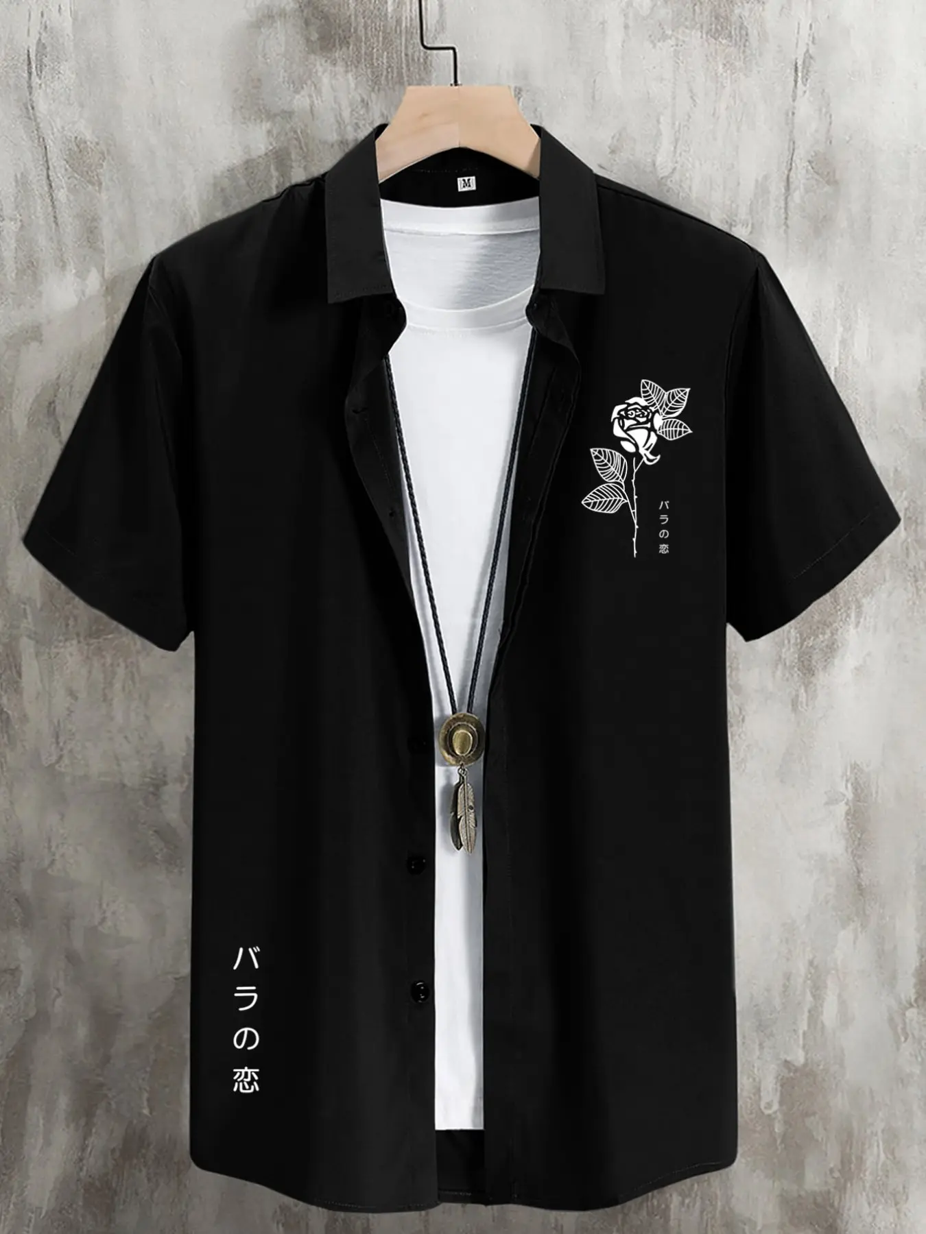 1pc Men's Black Short Sleeve Shirt Japanese Retro Rose Graphic Button Up Top Minimalist Floral Print Lightweight Casual Style Graphic Blouse for Men