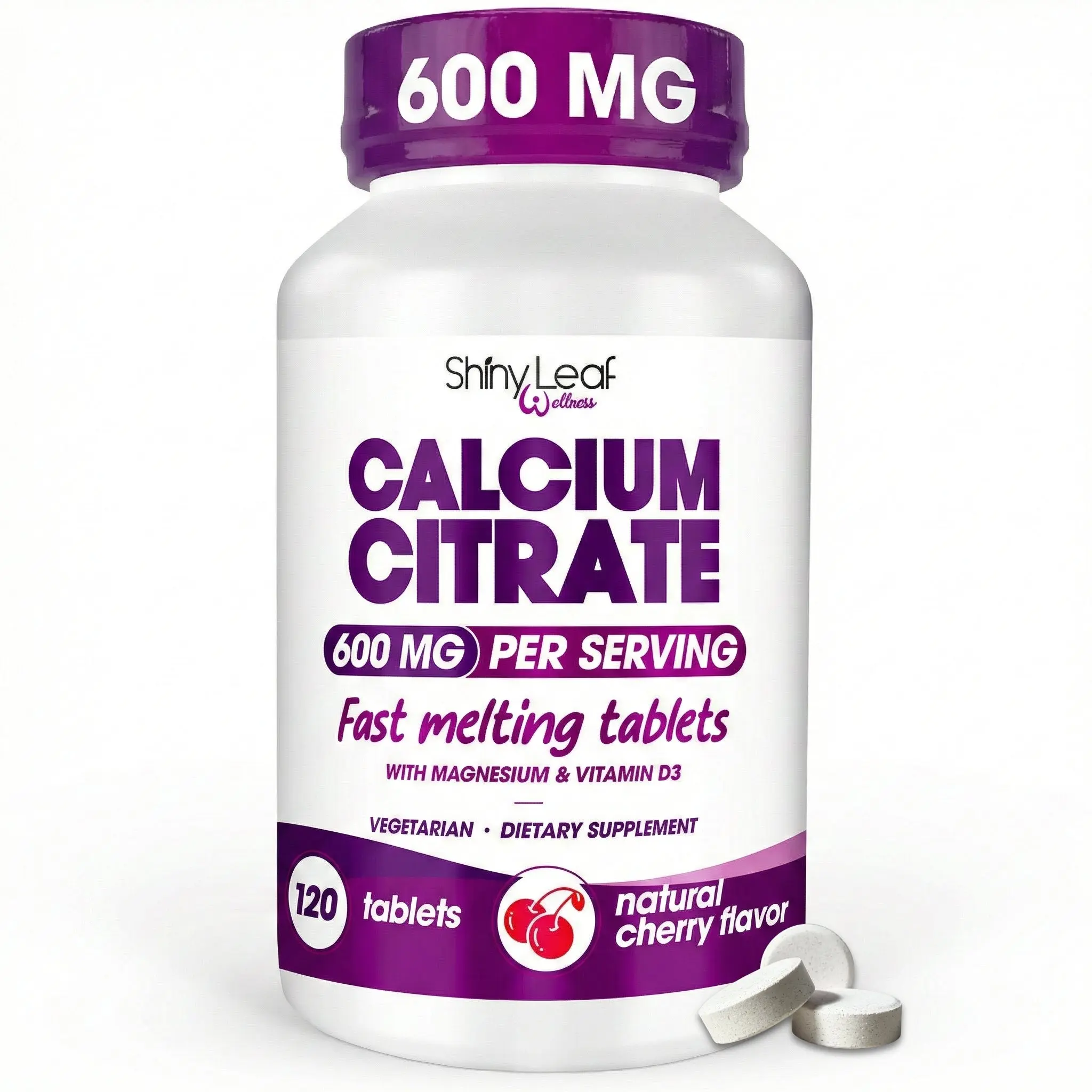 Shiny Leaf Calcium Citrate 600mg Mineral Supplement Tablet with Vitamin D3, Magnesium - Fast-Melting Cherry Flavored, 120 Tabs, Vegetarian, Bariatric Friendly for Optimal Nutrient Intake