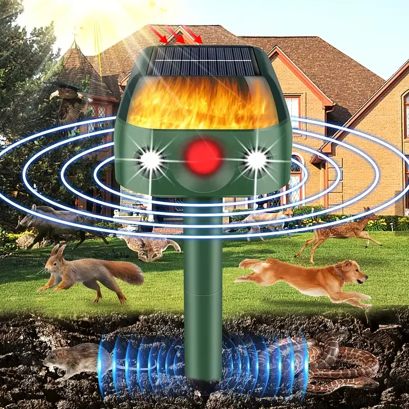 360° Rotating Solar Ultrasonic Animal Repeller with Panel, Outdoor Lights, Eco-Friendly Power - 360° Range Pest Control, 5 Sound Modes, Flame Light, Motion Sensor, Easy Installation, Protects Garden Homes