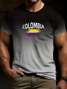 Men's Colombia Flag T-Shirt with 3D National Emblem, // Gradient Short Sleeve Casual Round Neck Tee for Soccer Fans