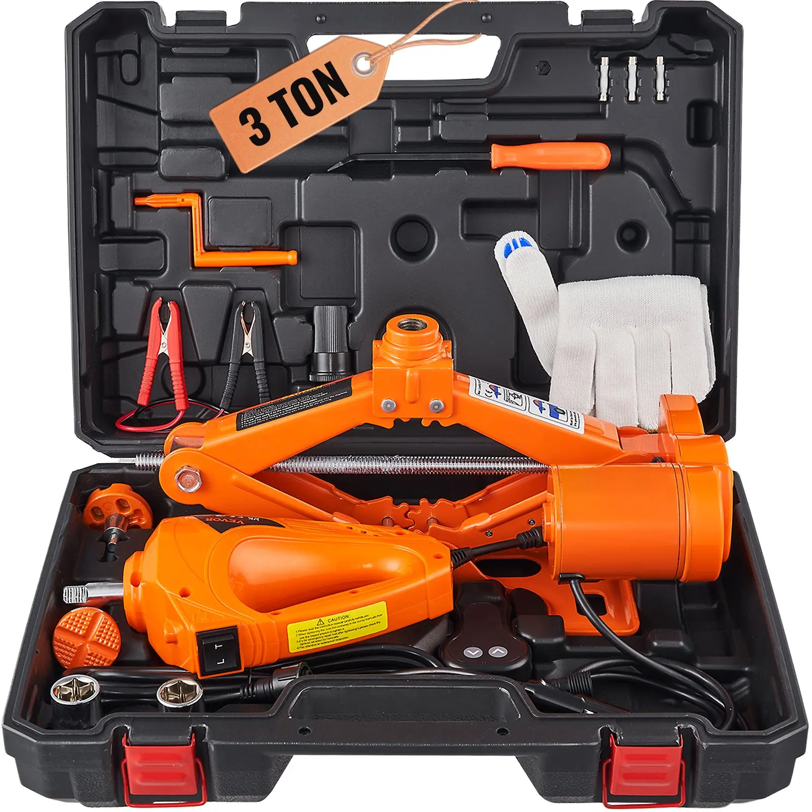 【Summerfinds】VEVOR 3T 12V Electric Car Jack Kit, 6600 lbs Scissor Jack with 2 pcs Saddles, Electric Impact Wrench, Remote Control, Steel+Plastic Full Toolkit for Roadside Help, Flat Surfaces, Sedan SUV Tire Changes (Gloves & Car Battery Included)
