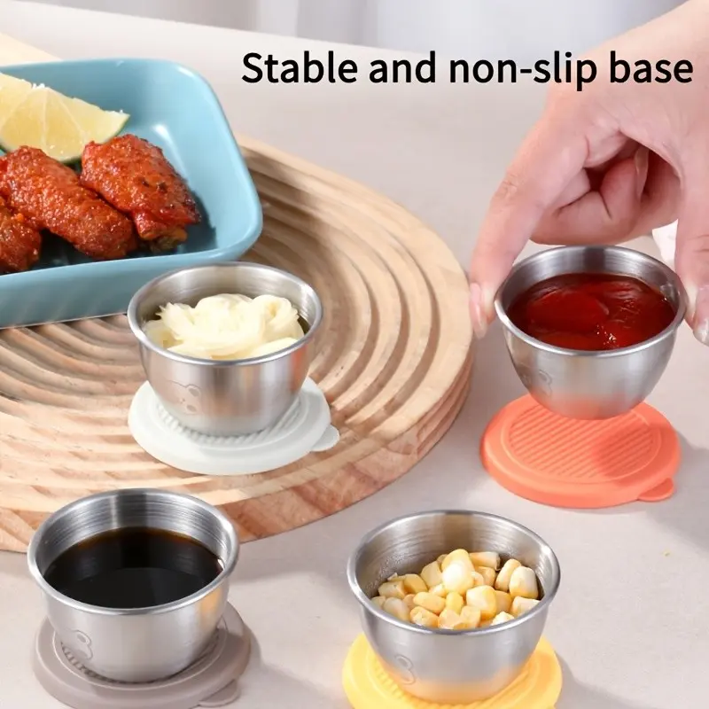 Stainless Steel Leak-Proof Sauce Cups with Lid, Condiment Container, Bear Pattern, Food Grade Silicone Seal, Ideal for Ketchup, Soy Sauce, Salad Dressing, Kitchen, Restaurant, Picnic, Portable, Food Containers