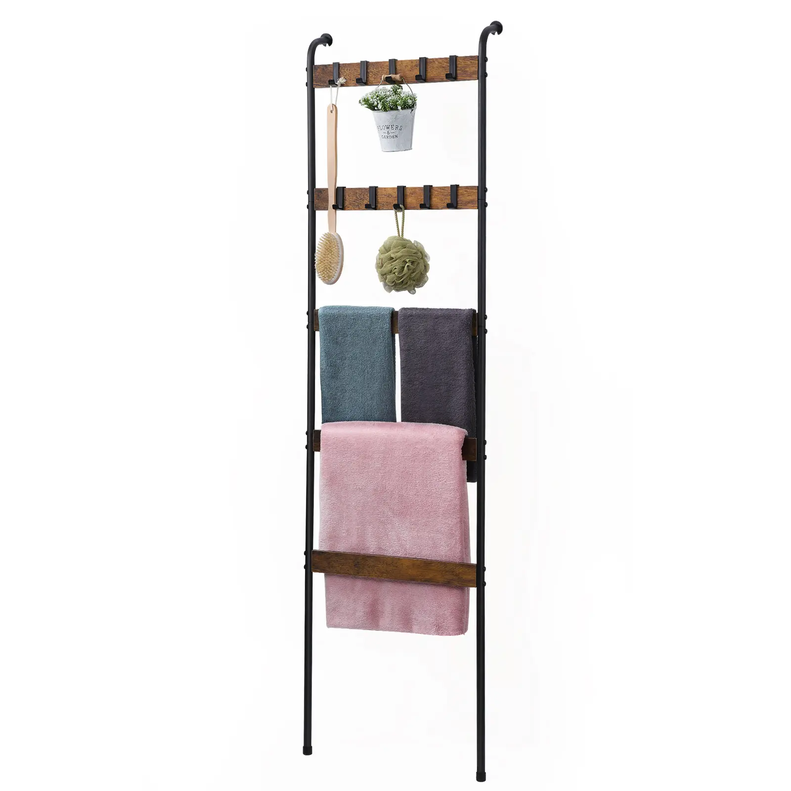 Blanket Ladder, 5 Tier Blanket Holder with 10 Removable Hooks, Farmhouse Style Blanket Ladder for Living Room Bathroom, Decorative Wall Mounted Wooden Quilt Standing Towel Drying Storage Rack