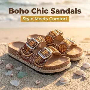 Women’s Beaded Double Buckle Cork Footbed Slides - Boho Chic Comfort Sandals with Artistic Detailing Footwear Girl Natural Summer slipper Flat Nail