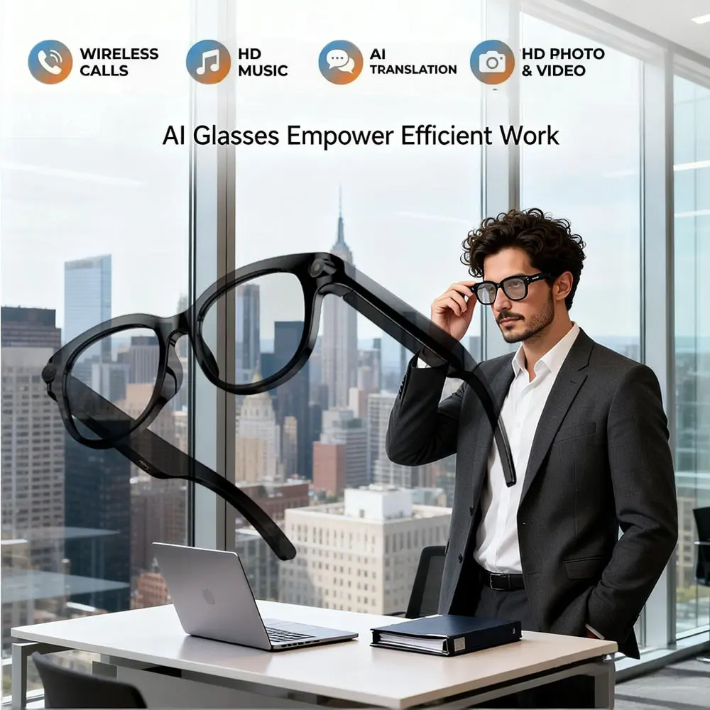 Smart AI Glasses with 2MP Camera Anti-Shake, Hands-free Video Recording Smart Glasses, Support AI  Real Time Translation, Voice Assistant, Bluetooth Calling ,Easy-to-Use Wearable for Men Women