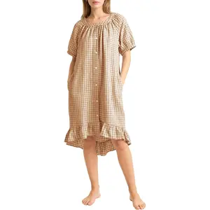 Women's Cotton Gingham Nightgown - Casual Short-Sleeve Loose-Fit Sleepshirt with Pockets, Button-Down Midi Loungewear Nightwear Cotton Nightdresses