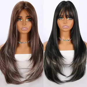 SMILCO/28Inch Highlight Brown Golden With Platinum Layered Long Straight Synthetic Wig/SM525/SM527