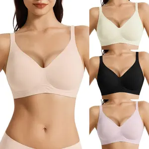 Women's seamless wire-free jelly bra, deep V-neck padded T-shirt bra, soft, lifting, shaping, and comfortable bra, adjustable shoulder straps, breathable and invisible everyday underwear. seamless sport bra wireless push-up bralette full coverage woman