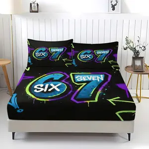 Dreamy 67 pattern printed bed sheet, TikTok trend, including 1 bed sheet and 2 pillowcases, Bed Sheets Set, comfortable bedding, anti slip dust cover suitable for bedroom decoration of children and young people