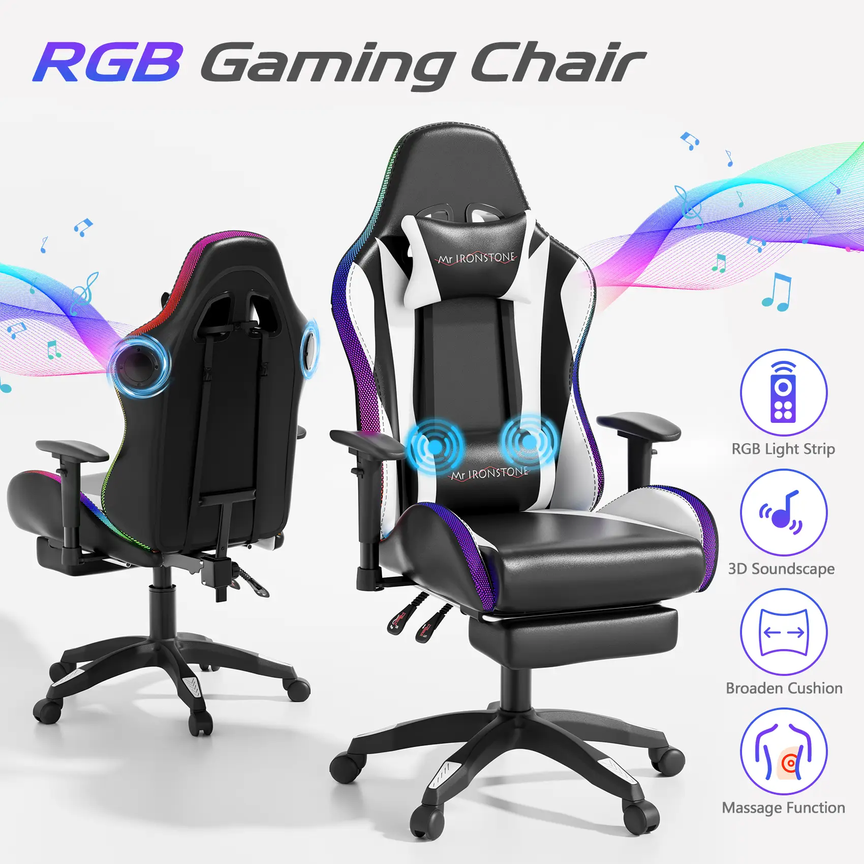 【Deals For You Days】Mr IRONSTONE Gaming Chair with Speakers and Led Lights Ergonomic Massage Computer Gaming Chair with Broaden Cusion and Footrest Hi
