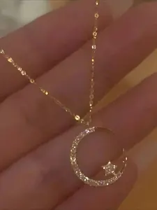 Elegant Rhinestone Star Moon Necklace, Simple Delicate Clavicle Chain, Suitable for Women, Perfect Party Gift, Birthday Gift Jewelry