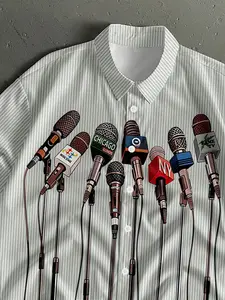Bold Statement Microphone Graphic Cropped Striped Shirt, Breathable Casual Button-Front Short Sleeve Top, 90s Reporter Aesthetic Streetwear Blouse for Gen Z Urban Outfits & Viral TikTok Style