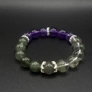 Amethyst & Green Rutilated Quartz Clarity Growth Bracelet 12mm Beads Silver Tone Accents for Focus & Transformation