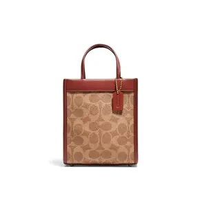 Coach Cashin 14 Classic Aged Print PVC Leather Tote Bag for Women, Khaki Color-Blocked Style