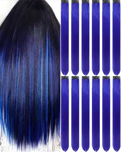 12 count Blue Hair Extensions Clip in, 22 Inch Colored Hair Extensions Party Highlights Long Straight Synthetic Hairpieces for Women  Girls