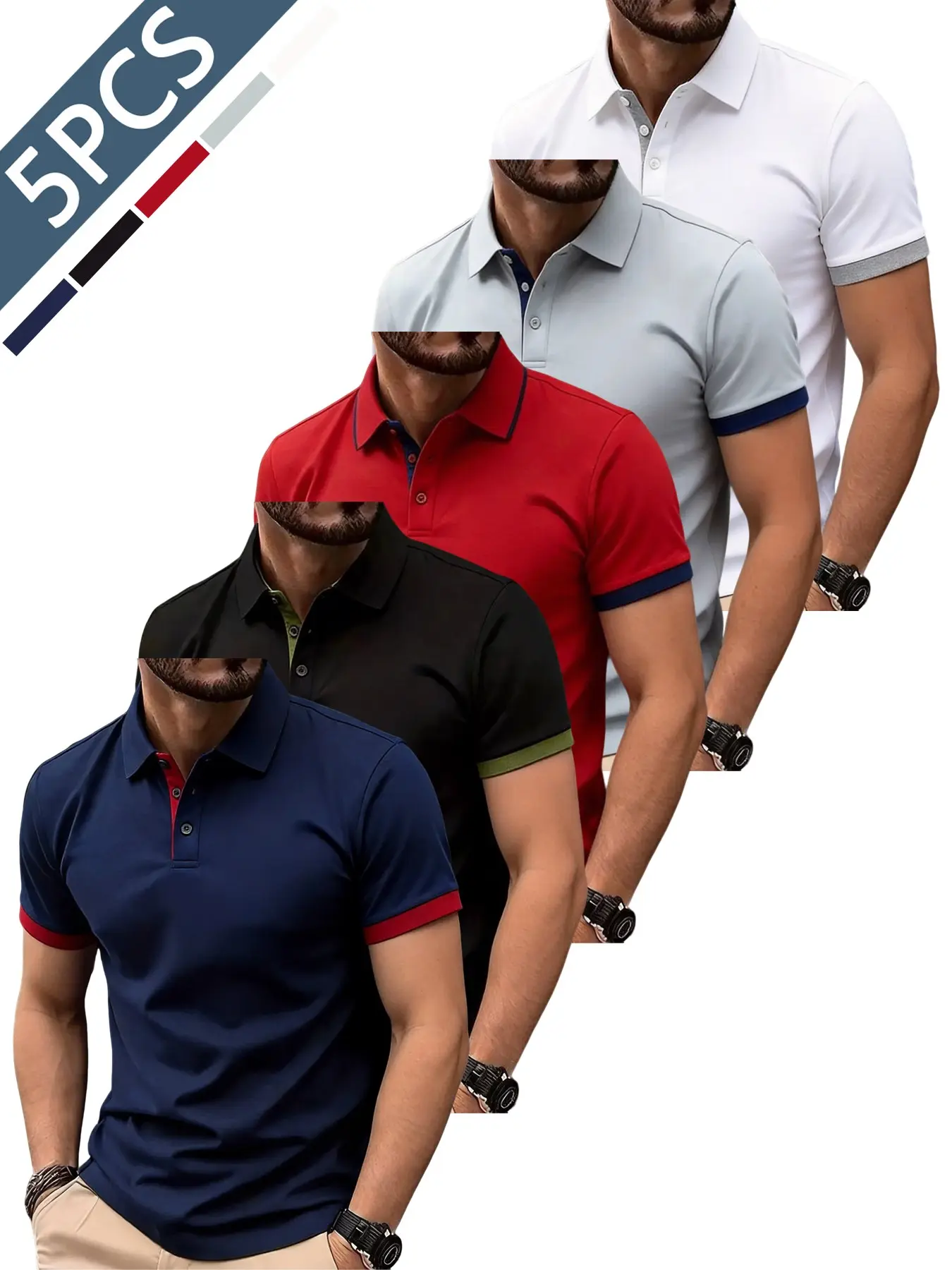 5-Pack Men's Classic Casual Polo Shirt Top, Solid Button-Up Basic, Versatile Bowling/golf Wear, Golf Shirts, Ideal for Daily Wear, Summer Business Style, Buttoned Polo Shirt, Summer Polos