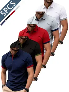 5-Pack Men's Classic Casual Polo Shirt, Solid Button-Up Basic, Versatile Bowling/golf Wear, Ideal for Daily Wear, Summer Business Style