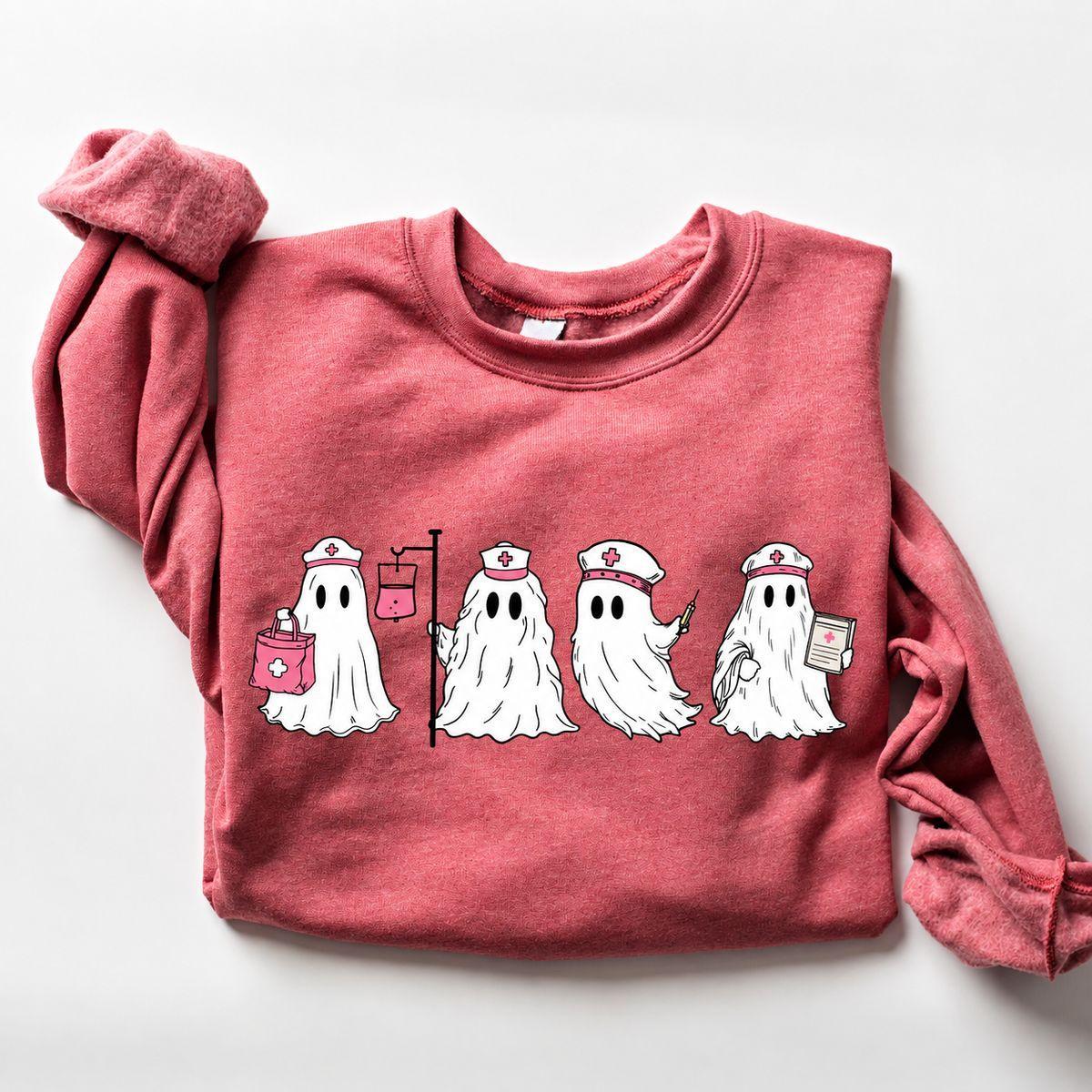 Cute Ghost Nurse Halloween Sweatshirt, Trendy Spooky Nurse Boo Crew Long Sleeve Pullover, Cozy Fall Medical Apparel, Pumpkin Season Crewneck, Nurse Appreciation Gift For Women