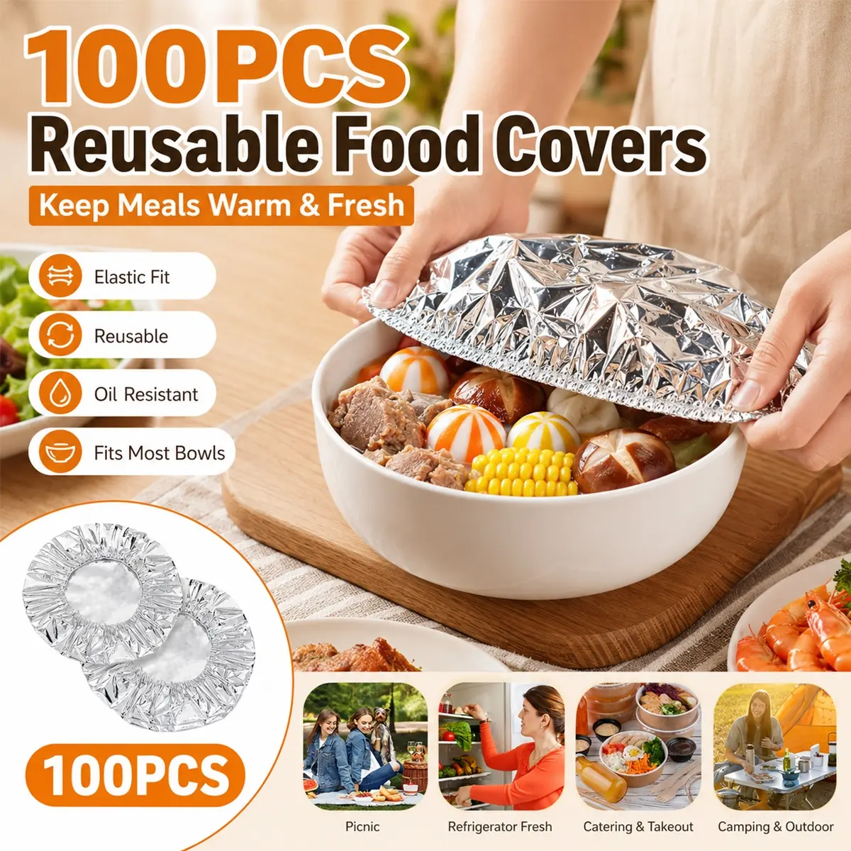 100Pack Aluminum Foil Bowl Covers with Elastic, Insulated, Stretchable Food Storage Lids for Bowls and Plates, Reusable Heat Insulation Covers, Dust-Proof Elastic Dish Lids for Leftovers, Meal Prep and Home Kitchen Use