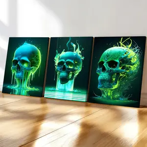 3-Pack Wood Frame Canvas Posters, Cyberpunk Flame Skull Art, Modern Living Room Decor, Fashionable Wall Art for Home Office Corridor