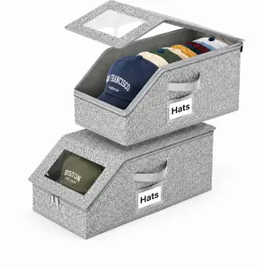 2 Pack Grey Stackable Cardboard Hat Storage Boxes, for Men’s Snapback Baseball Caps Wardrobe Storage, Multi-purpose Household Organizer Bin, Two Boxes Store 24 Hats Dustproof Space-saving Hat & Stuffed Toy Container
