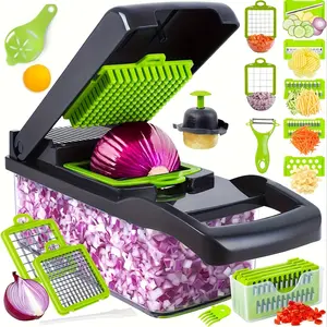 16-In-1 Manual Vegetable Onion Chopper, Multi-Functional Food Grade Cutting Board, Replaceable Blades, Drain Basket, Storage Box Included, Vegetable Slicer Dicer, Vegetable Cutter, Veggie Chopper, Kitchen, Utensils, Set