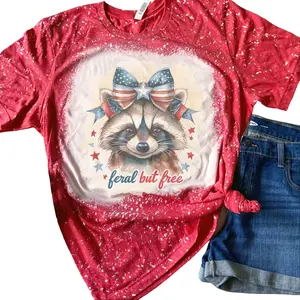 4th of July - Feral But Free Raccoon Bleached Shirt Comfy Unisex Jersey Top Casual Vintage Style Short Sleeve Crew Neck Medium Length