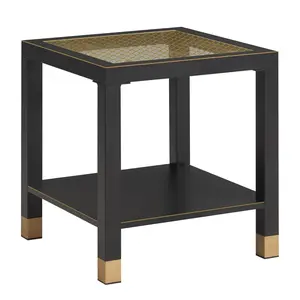 2 Tier Glass Side Table with Gold Mesh Shelf, Square End Table with Metal Frame, Modern Nightstand for Bedroom Living Room, Small Accent Table