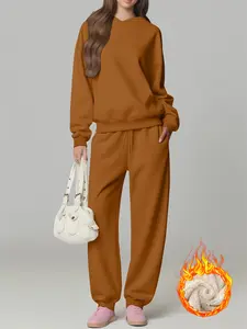 Women's Hooded Lamb Velvet Set, Winter Warm Two-Piece, Casual Fitted Long Sleeve Top & Pants, Thick Kint Fabric