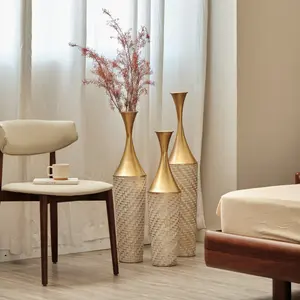 Floor-Standing Metal Vase, Modern Style Ornaments, Woven Pattern Metal Vase Set of Three, Gorgeous Home Decoration, Large Glazed Metal Vase, Vintage Vase, Suitable For Living Room, Bedroom, Home Corner, Indoor, Office