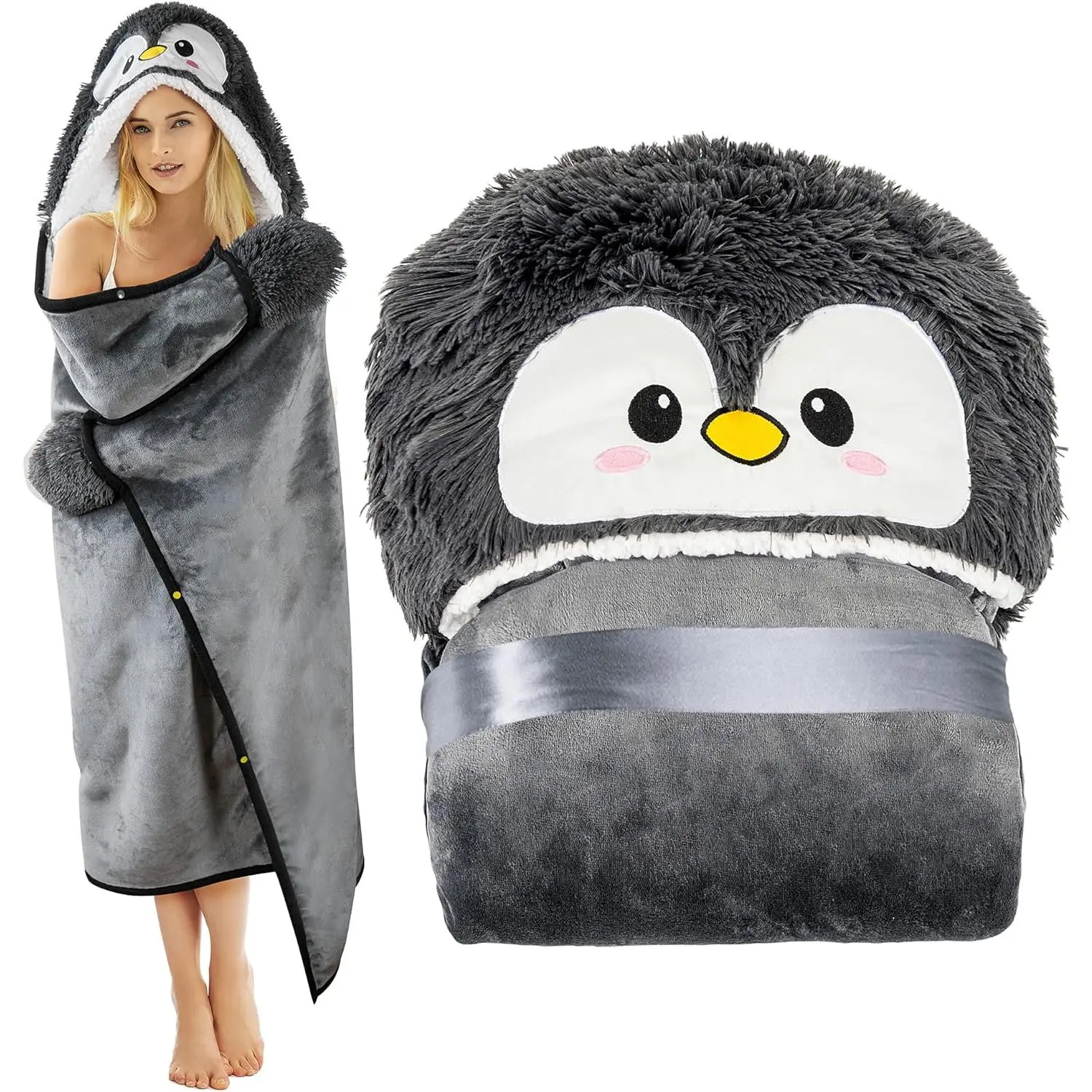 Penguin Wearable Hooded Blanket for Adults - Fuzzy Super Soft Warm Cozy Plush Flannel Fleece & Sherpa Hoodie Throw Cloak Wrap - Penguin Gifts for Women Adults Girls and