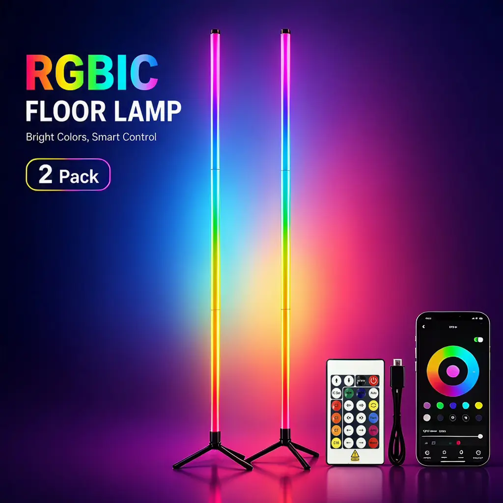 RGB LED Corner Floor Lamp, 16M Colors Music Sync Ambient Light with Remote & APP Control, Dimmable Modern Indoor Lamp for Bedroom, Gaming Room Decor gift