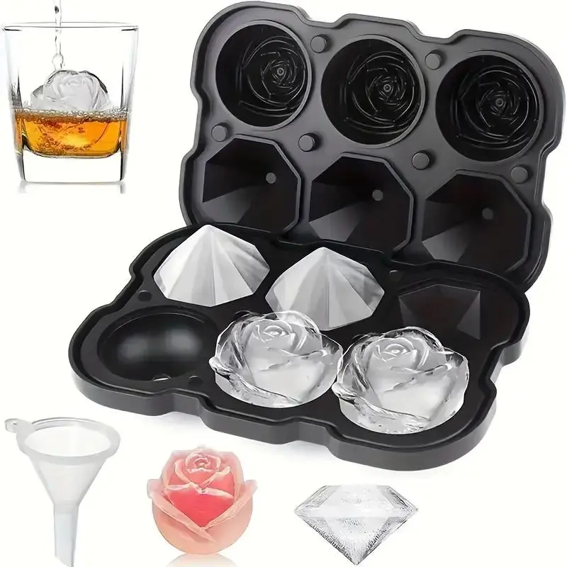 Silicone Rose & Diamond Ice Cube Tray with Lid, Ice Cube Mold, 1 Set 6-grid Ice Cube Maker with Funnel, Easy Release Large Ice Forms for Cocktails, Whiskey & Juice