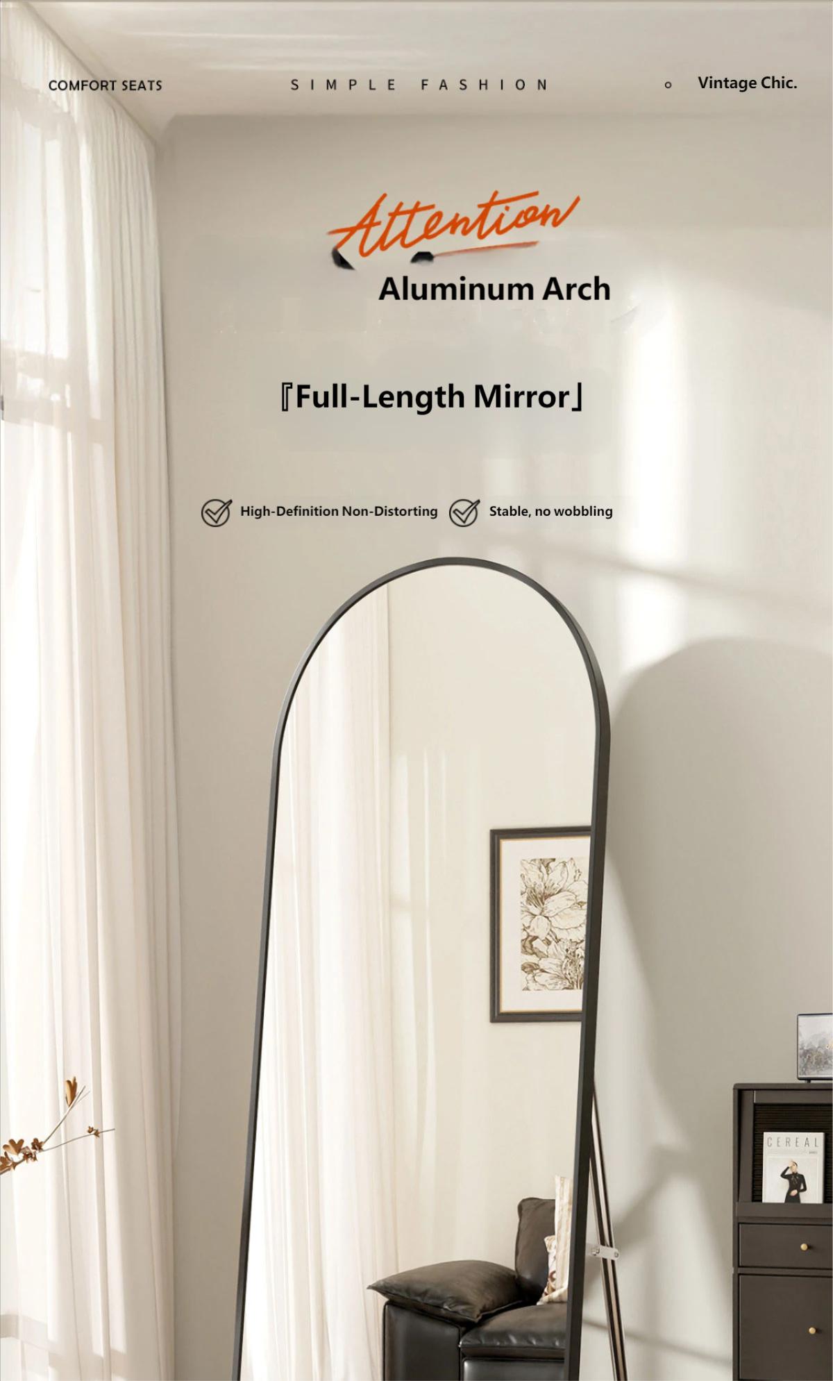 Arched full-length mirror with bracket, full-length mirror, full-length mirror, floor standing mirror, home wall mounted mirror, simple dormitory, bedroom, hotel and bathroom, large mirror, living room and dressing room, wardrobe, hanging mirror for use