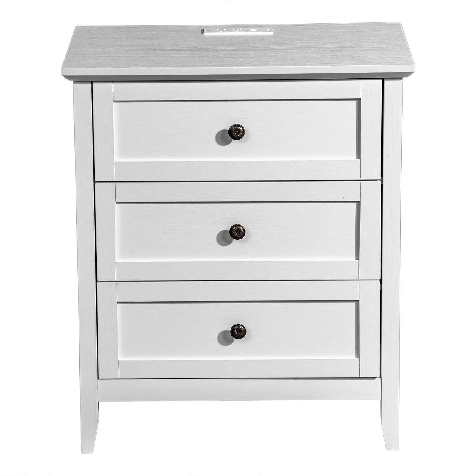 Bedside table constructed from density board and particle board with melamine coating. It features a frame assembly design,equipped with three drawers. The unit includes 1 USB port, 1 Type‑C port, and 2 three‑pin power sockets.