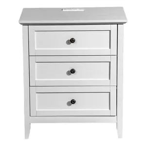 Bedside table constructed from density board and particle board with melamine coating. It features a frame assembly design,equipped with three drawers. The unit includes 1 USB port, 1 Type‑C port, and 2 three‑pin power sockets.