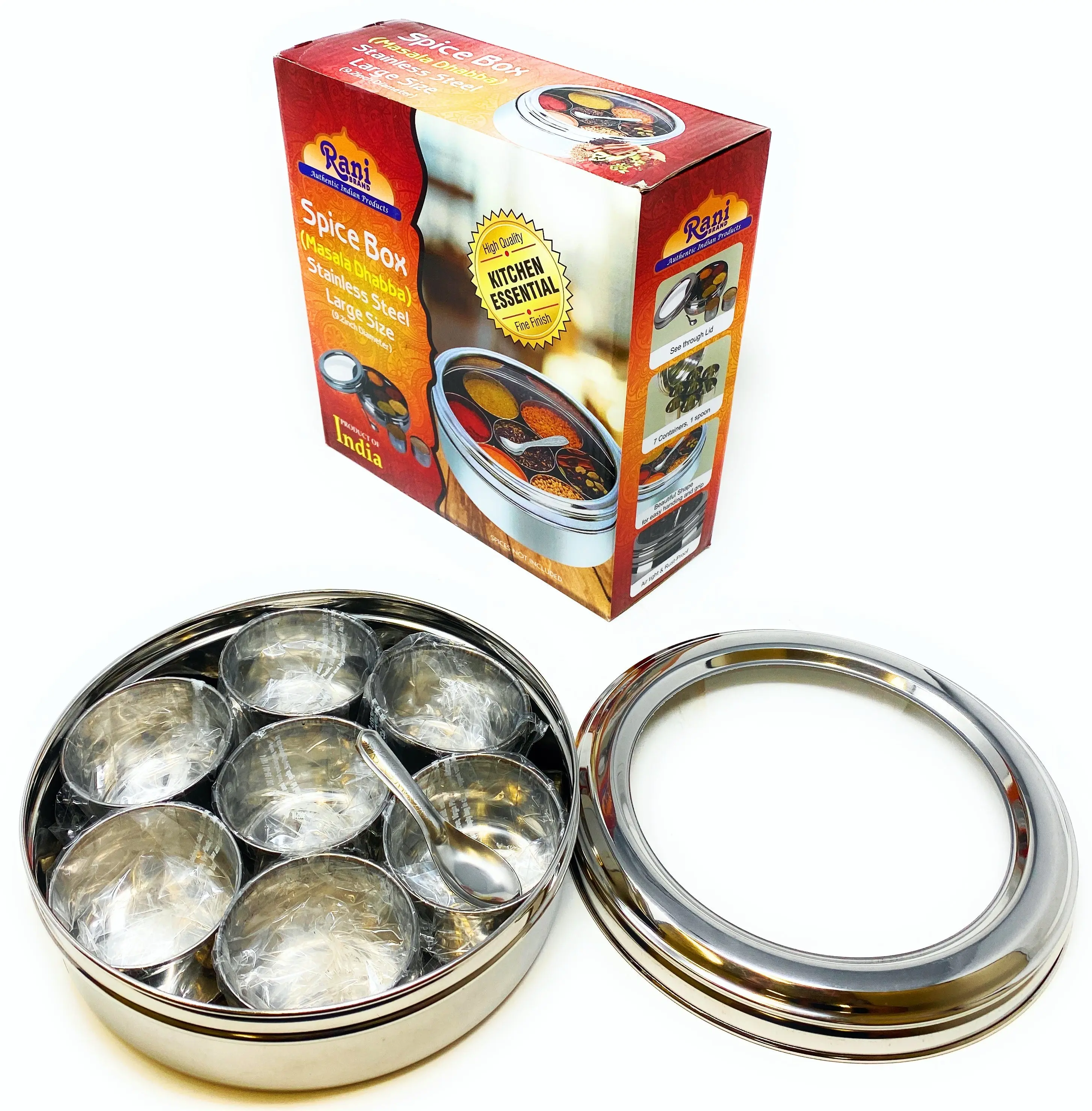 Rani Spice Box Stainless Steel Transparent Round Storage (9.2in x 3in) For Spices (Masala Dabba) 7 Compartments, with spoon ~ Packed in an attractive box, perfect for gifts!