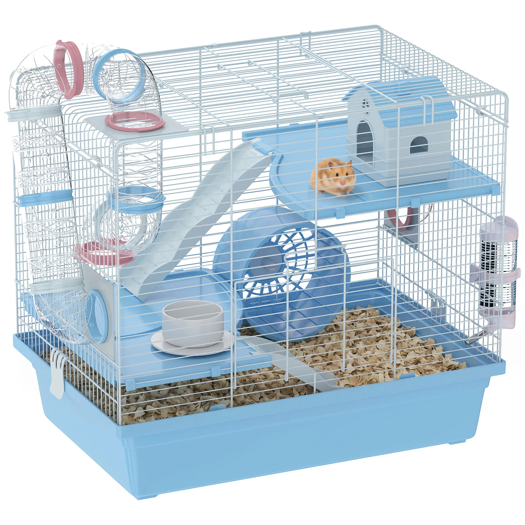 3-Tier Vertical Metal Wire Hamster Cage Complete Starter Kit, with Transparent Play Tunnels, Exercise Wheel, Ramps, Hide House, Water Bottle, Food Bowl, 0.39" Escape-Proof Safe Wire Gap, Well-Ventilated Small Pet Habitat for Dwarf Hamsters, Portable, Ligh