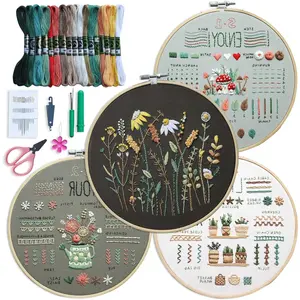 4PCS Embroidery Starter Kit for Beginners Stamped Cross Stitch Kits with Cute Flowers and Plants Patterns with Embroidery Hoop and Color Threads for Adults