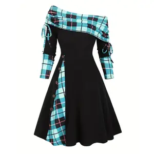 Elegant Off-Shoulder Gingham Dress: Chic, Stretchy & Easy-Care, Perfect for Fall/Winter Vintage Style