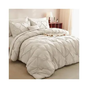 XL Comforter Set Beige - 5 Pieces Twin Extra Long Bedding Set with Sheets Pintuck Dorm Bedding Pinch Pleat Twin XL Bed in a Bag for College