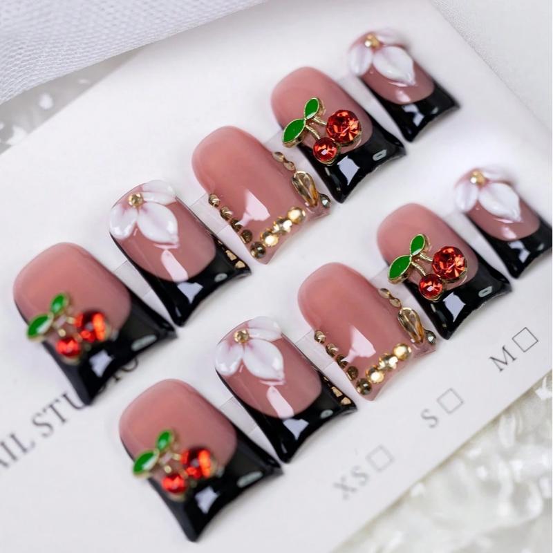 10pcs Y2K Black And Red Short Duckbill Press On Nails, Acrylic Press Nail, Three-Dimensional Flower Handmade Fake Nails, 3D White Flower Design, Shiny Cherry Decoration, Rhinestone Embellishment, Elegant And High-End Nail Art, Suitable For Daily