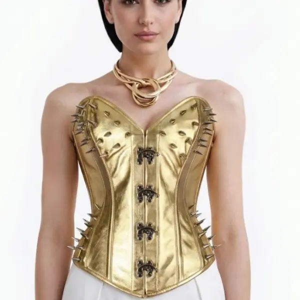 Gold Leather Steampunk Steel Boned Overbust Corset Comfort, Overbust Corset for Women | Steel Boned Waist Trainer Bustier shapewear bodysuit with Spikes, Cotton Lining & Front Clasps