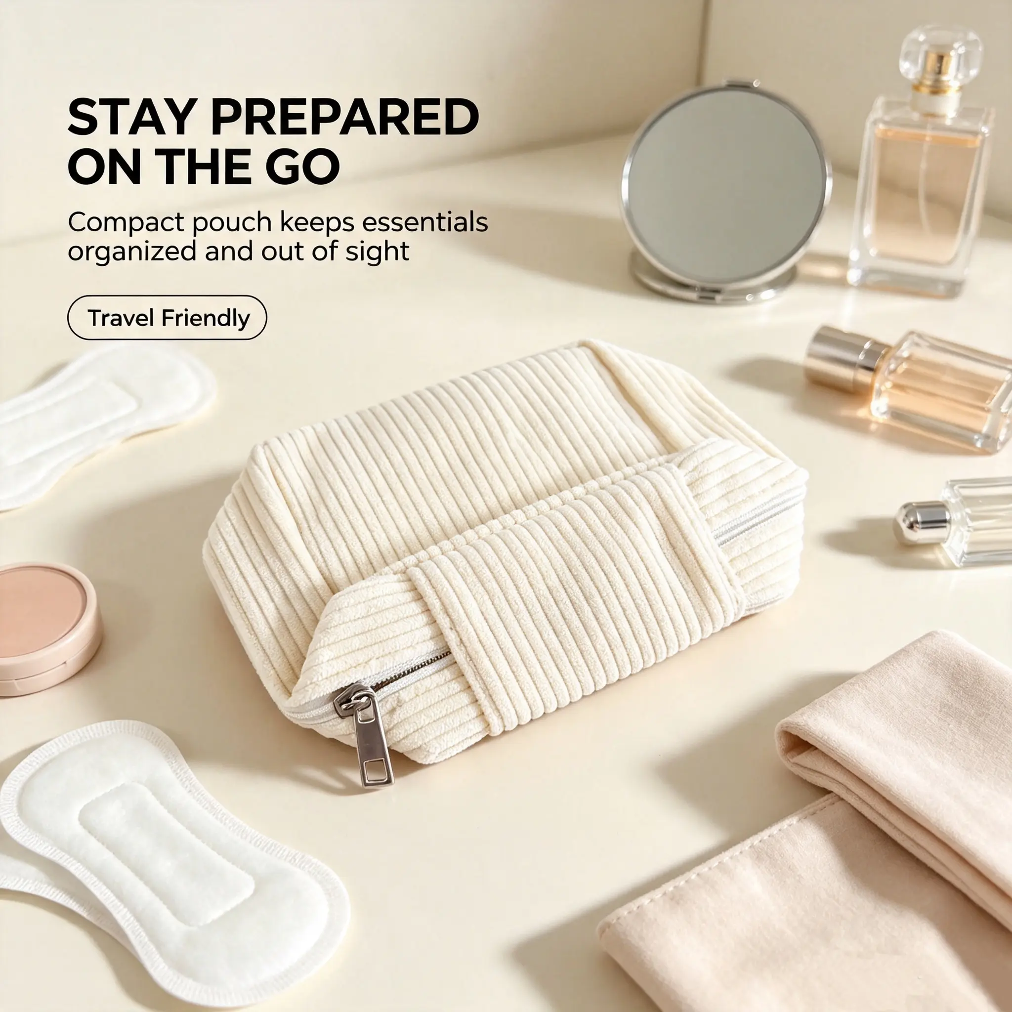 Corduroy Mini Travel Pouch | Portable Sanitary Napkin Storage Bag, Cosmetic & Small Item Organizer