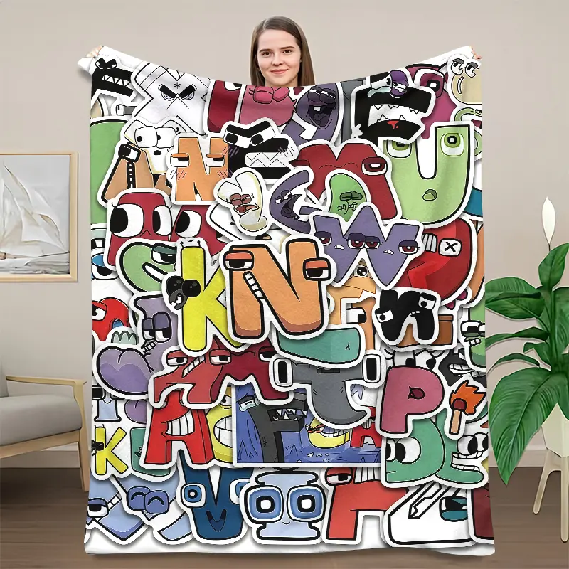Alphabet Lore Full Characters Sticker Collage Throw Blanket, Cute Cartoon Letter A-Z Flannel Blanket, Kids Educational Animation Fleece Throw For Children Bedroom Decor, Gift For Alphabet Lore Fans